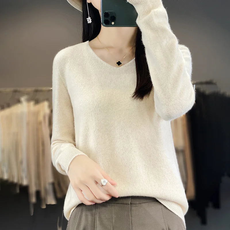 Sweater For Women 100% Merino Wool V Neck Sweater Fall Winter Basic Warm Pullovers Long Sleeve Soft Knit Jumpers Female Clothing