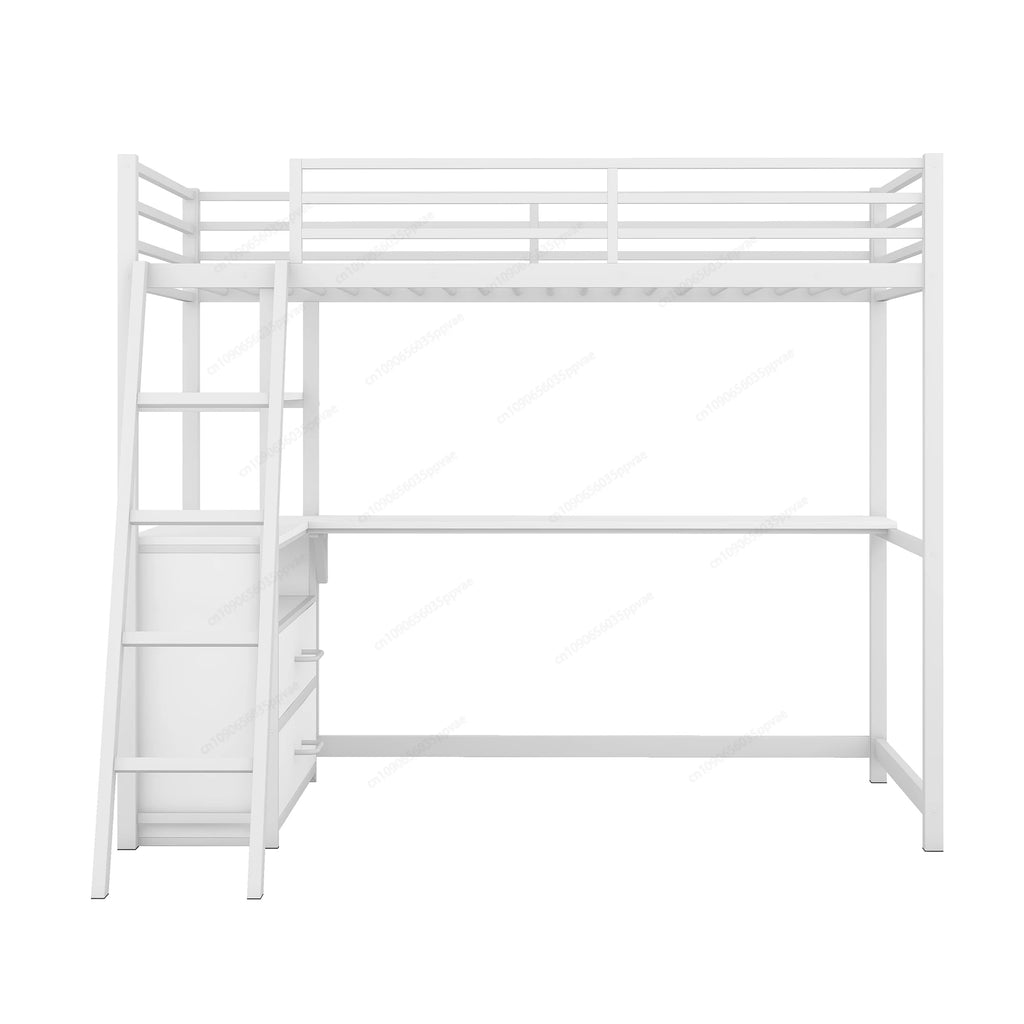 Twin Size Metal&Wood Loft Bed with Desk and Shelves, Two Built-in Drawers,  White ,Blak,Oak Natural Immediate delivery from US