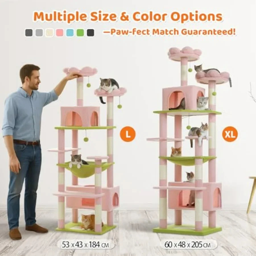 Flower Cat Tree for Large Cats 81 Inches Pink Tall Cat Tower with 2 Perches 2 Condos and Spacious Hammock XL Extra Large Condo