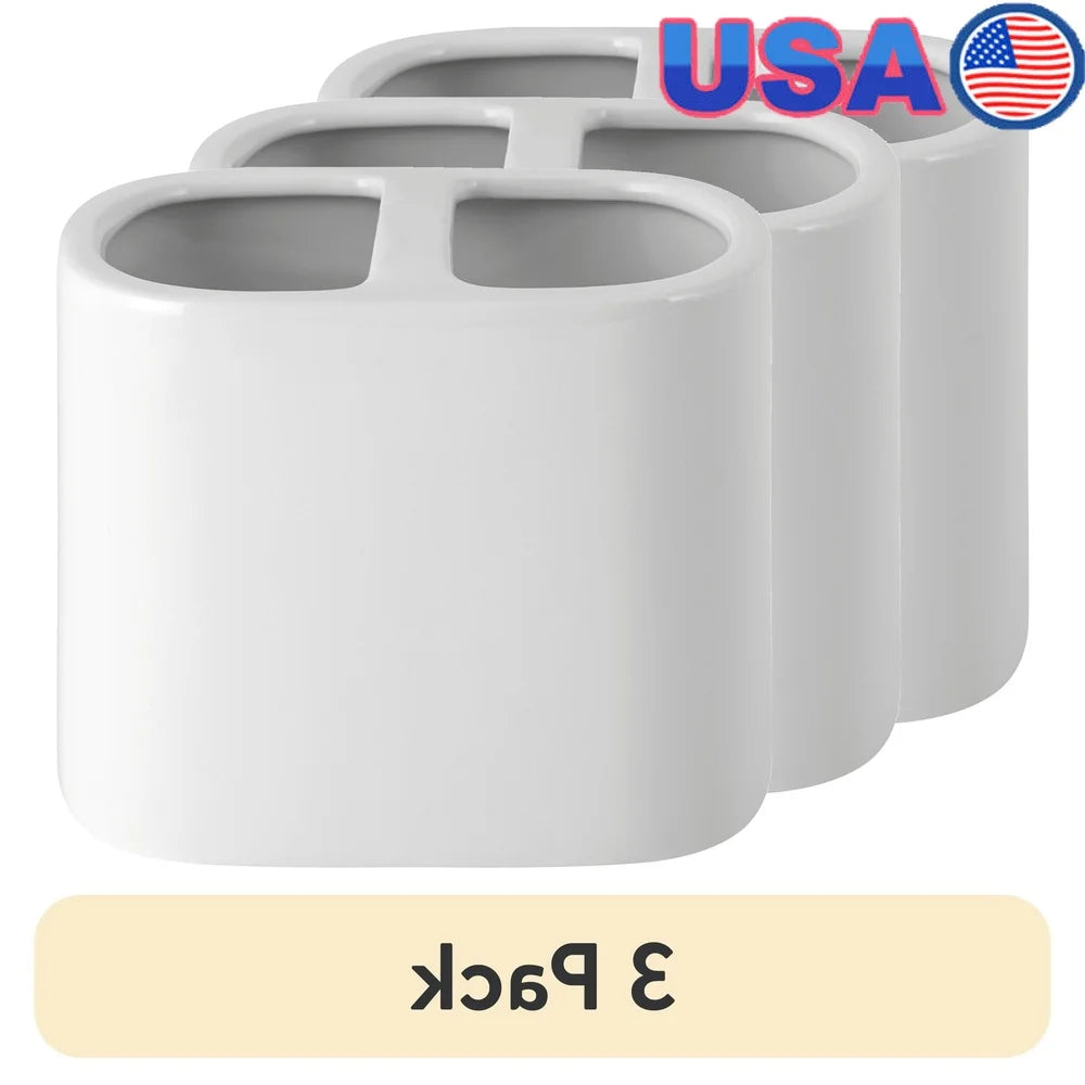 3 Pack Glossy White Ceramic Toothbrush Holder Bathroom Storage Organizer 2 Opening Durable Personal Items Decor Accessory