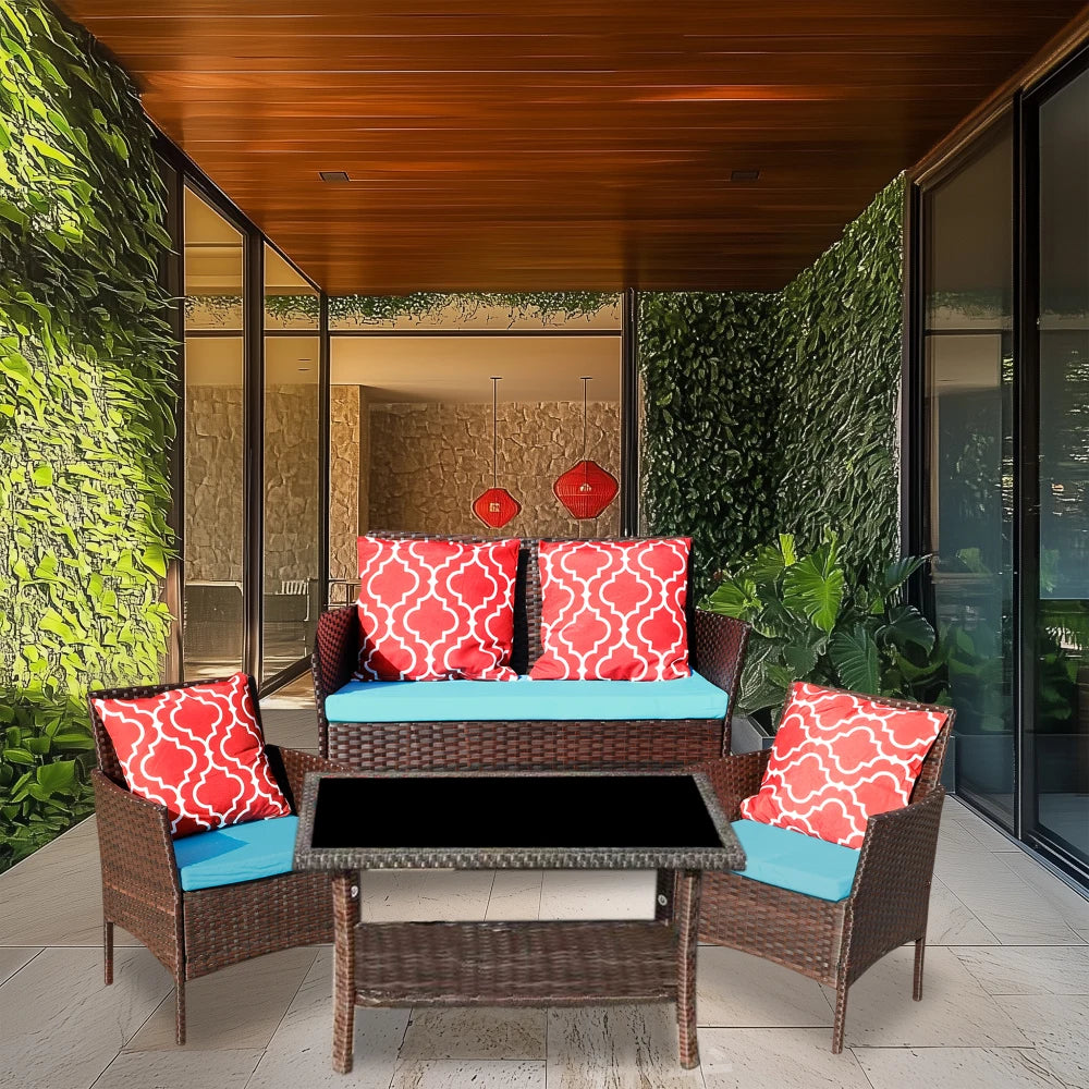 Four-Piece Sofa Set Table With Sofa Chair PE Rattan Outdoor Furniture HY4-001 Box *1 With Emerald Green Color Cushion