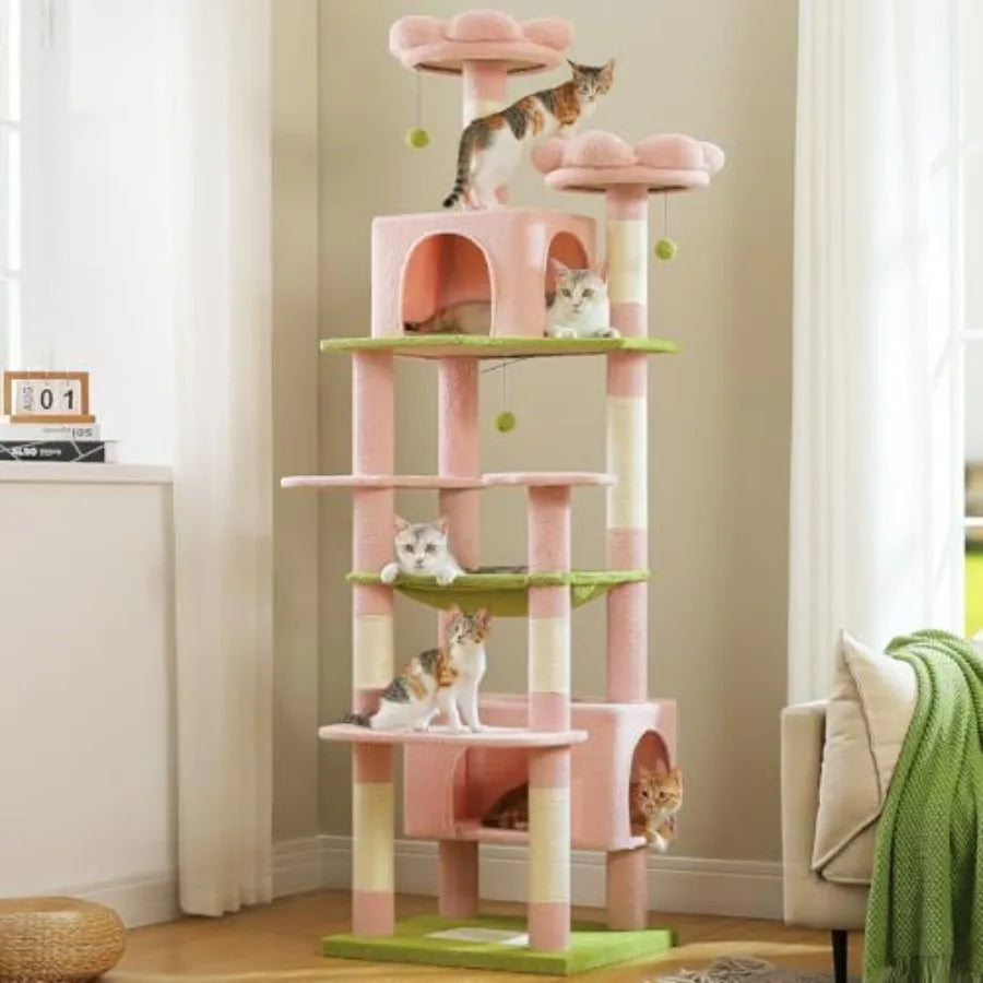 Flower Cat Tree for Large Cats 81 Inches Pink Tall Cat Tower with 2 Perches 2 Condos and Spacious Hammock XL Extra Large Condo