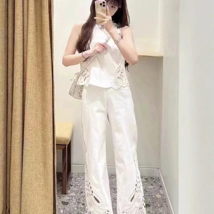 Women's elegant two-piece suit vintage hollow embroidered vest or slim trousers