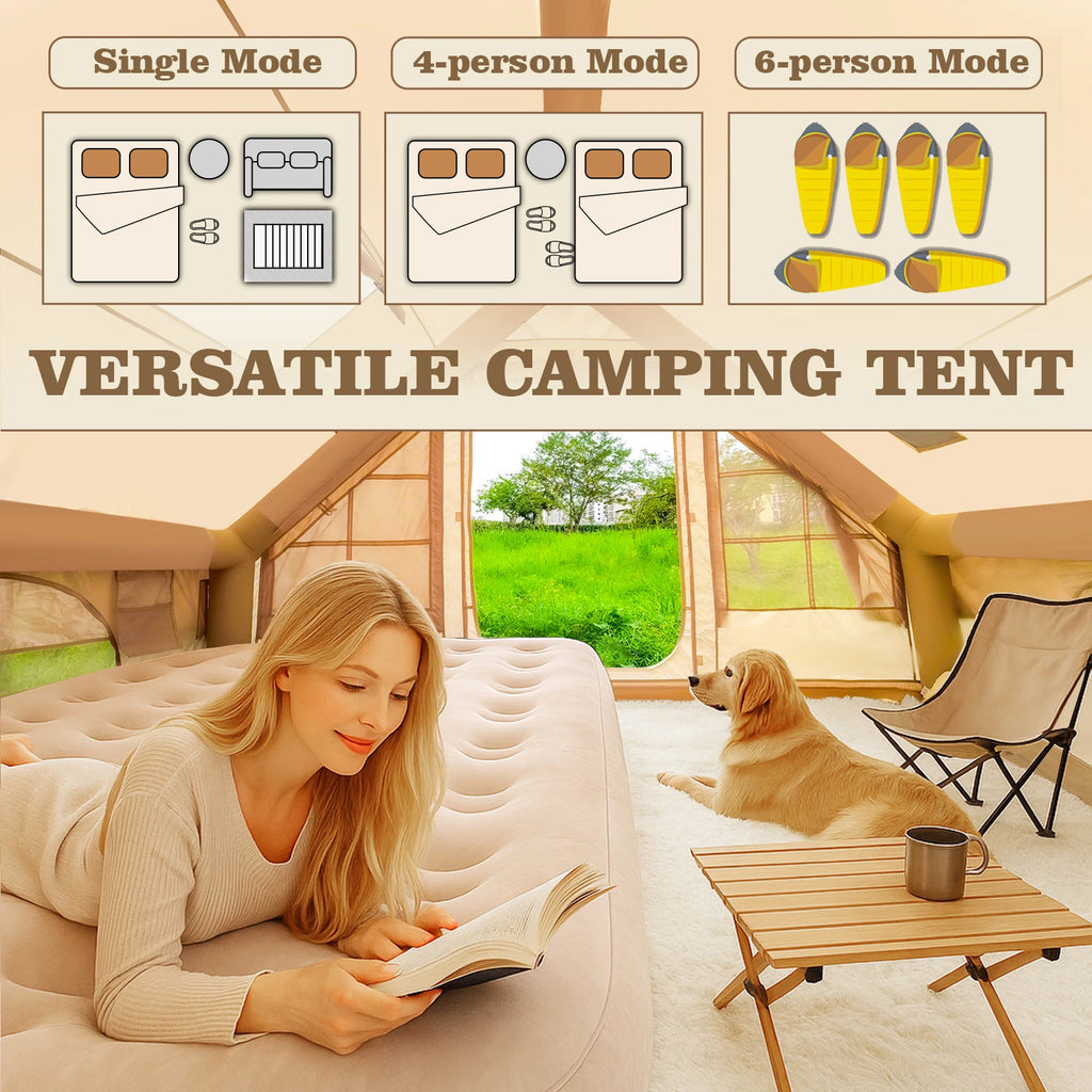 9.8' x 7' Inflatable Camping Tent,4 Season Blow up Tents for Camping, 4-6 Person Inflatable Tent with Jack Stove