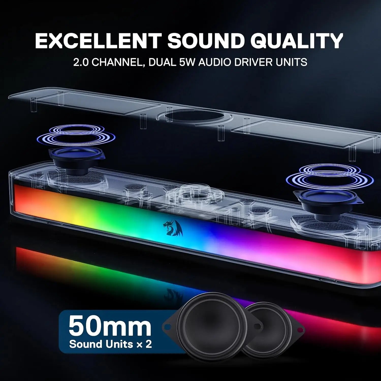 Redragon GS515 RGB Desktop Soundbar 2.0 Channel Stereo Computer Speakers for Desktop Bluetooth 5.3, USB-C/USB Powered, Black