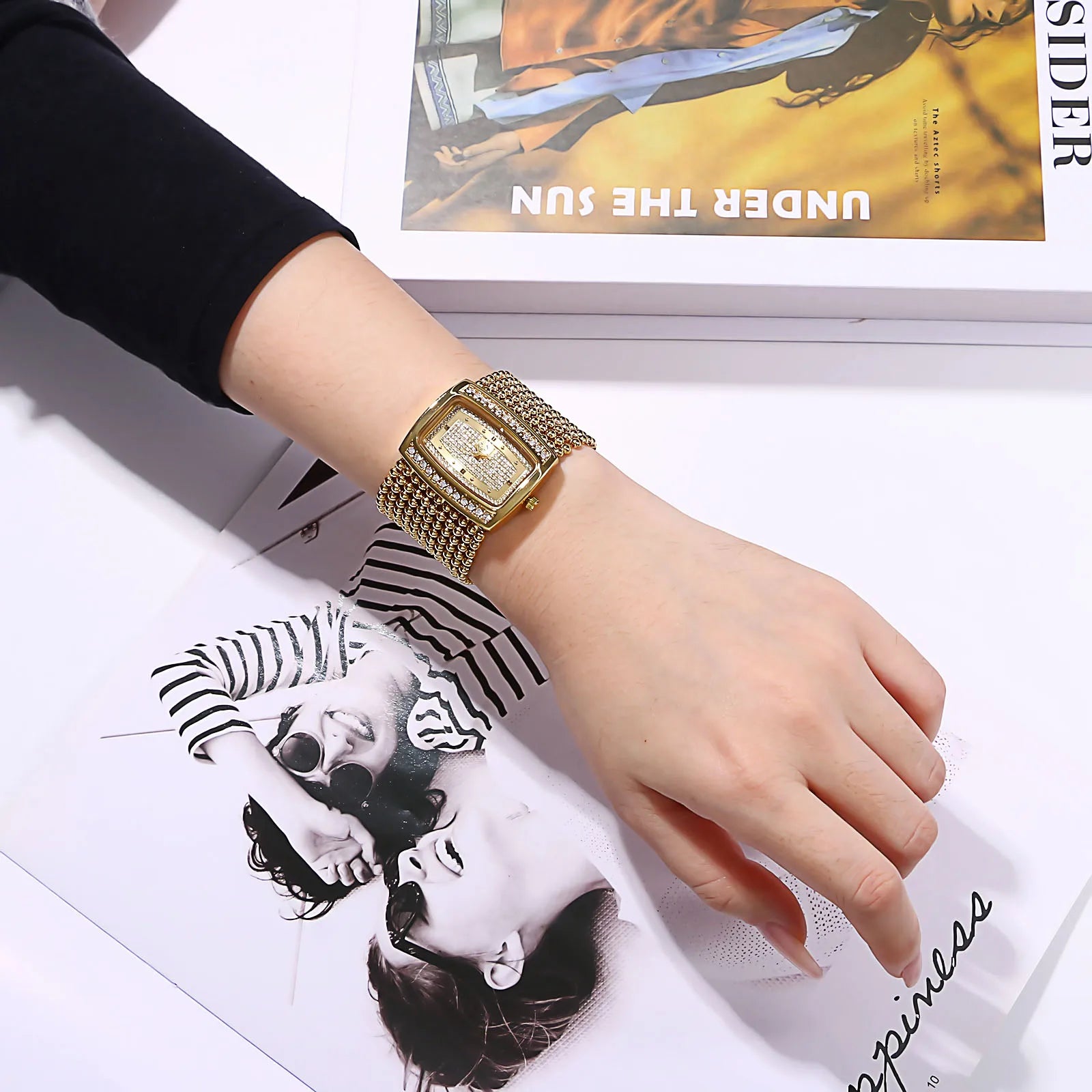 Lancardo Rectangular Diamond Gold Watch Large Dial Beaded Bracelet Simulating Quartz Exquisite Fashion Adjustable Jewelry Buckle