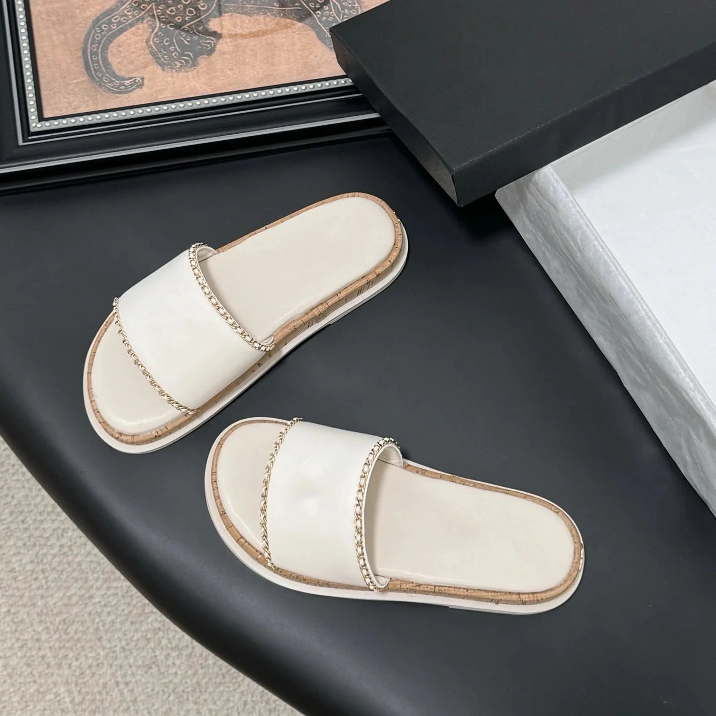 Shoes Women Size34-41 Genuine Leather Flip-Flops Low Heels Slippers Pearl Chain Summer Slides Designer Shoes Zapatillas De Mujer