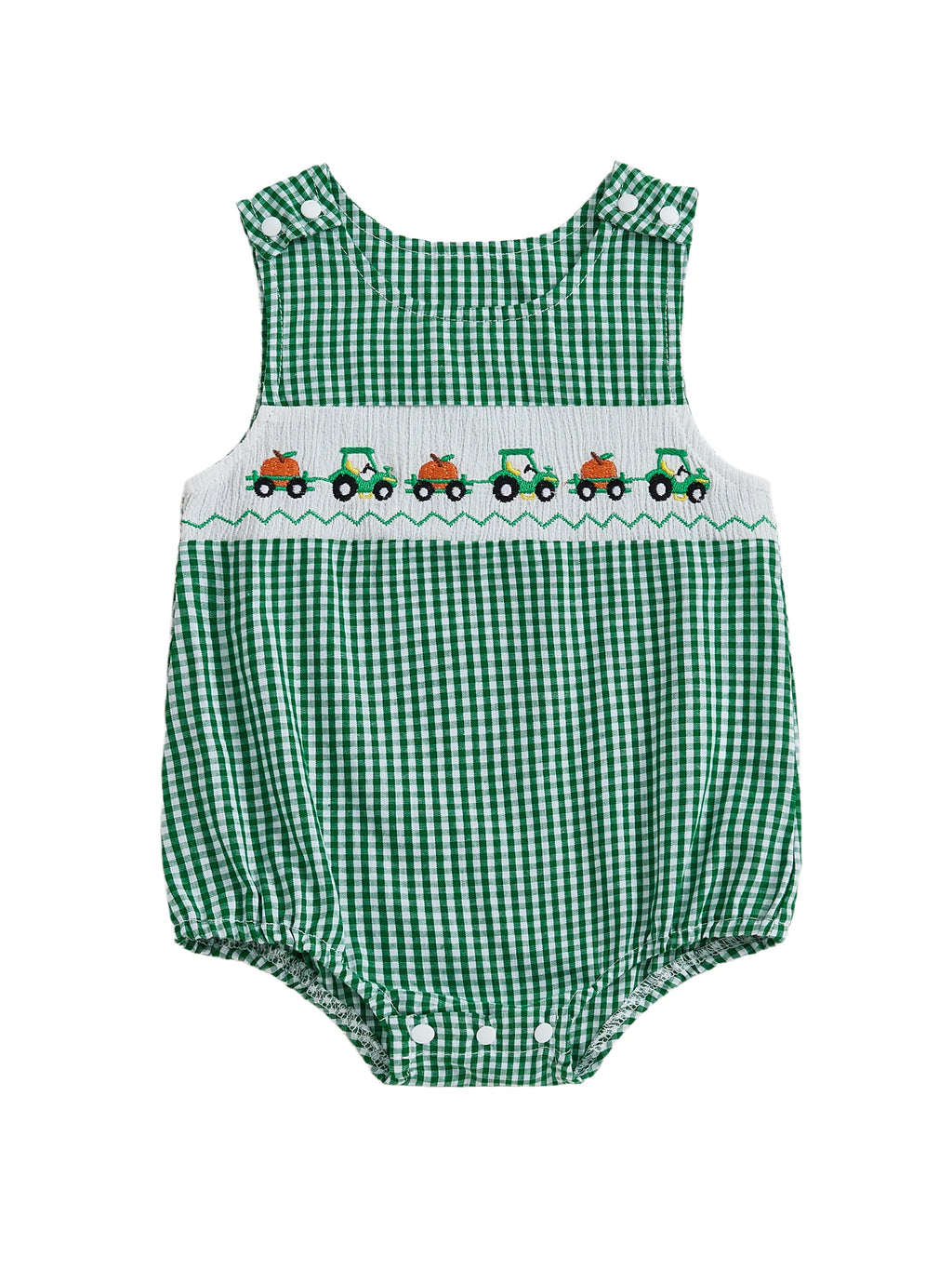 Toddler Boy Autumn Plaid Overall Thanksgiving Turkey and Cornucopia Embroidery Crew Neck Sleeveless Rompers