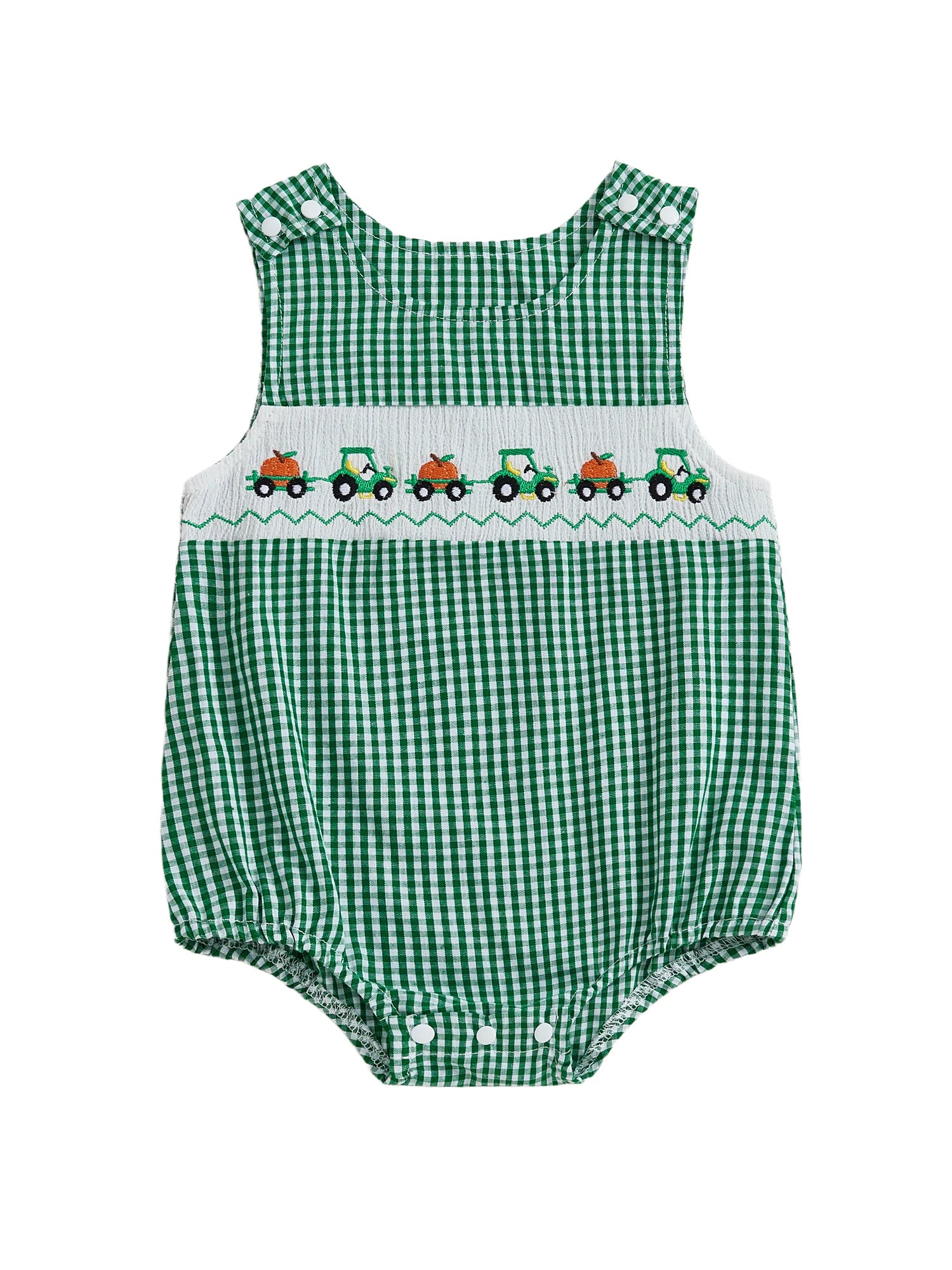 Toddler Boy Autumn Plaid Overall Thanksgiving Turkey and Cornucopia Embroidery Crew Neck Sleeveless Rompers