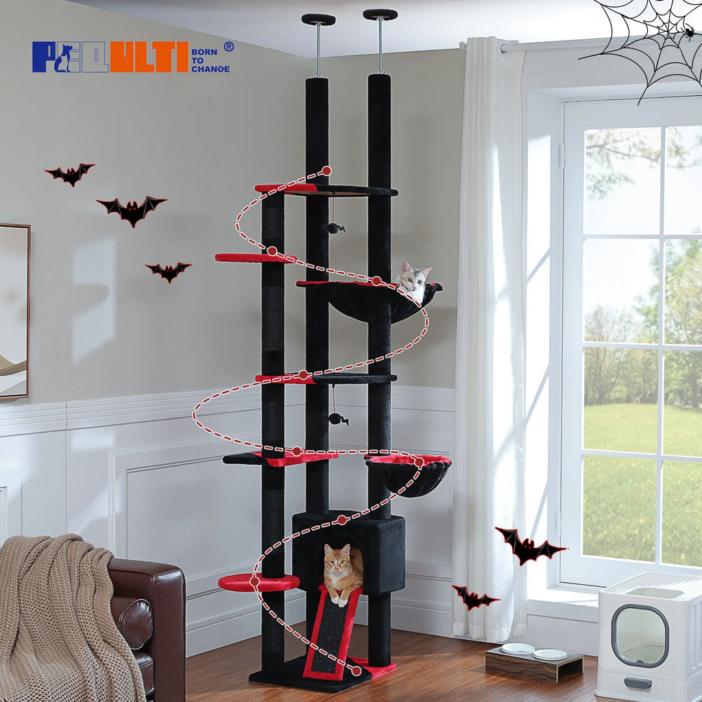 Adjustable 230-252cm Cat Tree, Floor to Ceiling Cat Condo, Hanging Ball,5 Scratching Posts,Hammock, Ample Resting Place for Cats