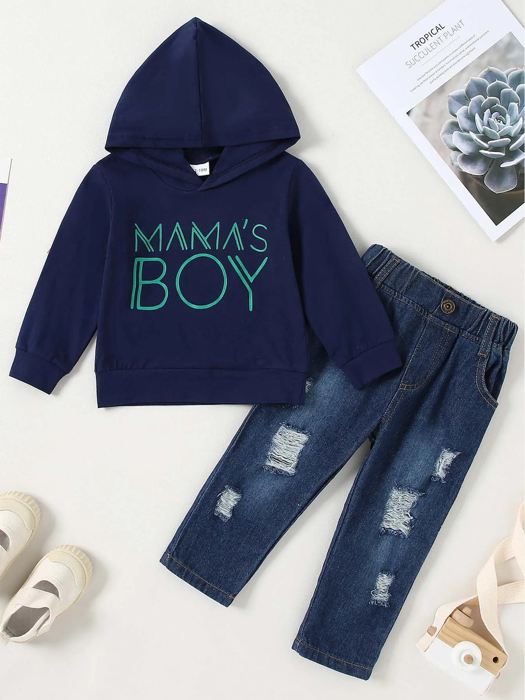 Baby Boy Clothes, Long Sleeve Printing Hoodie With Jeans Pants Outfits Set Little Boy Ripped Jeans, Hooded Sweatshirt