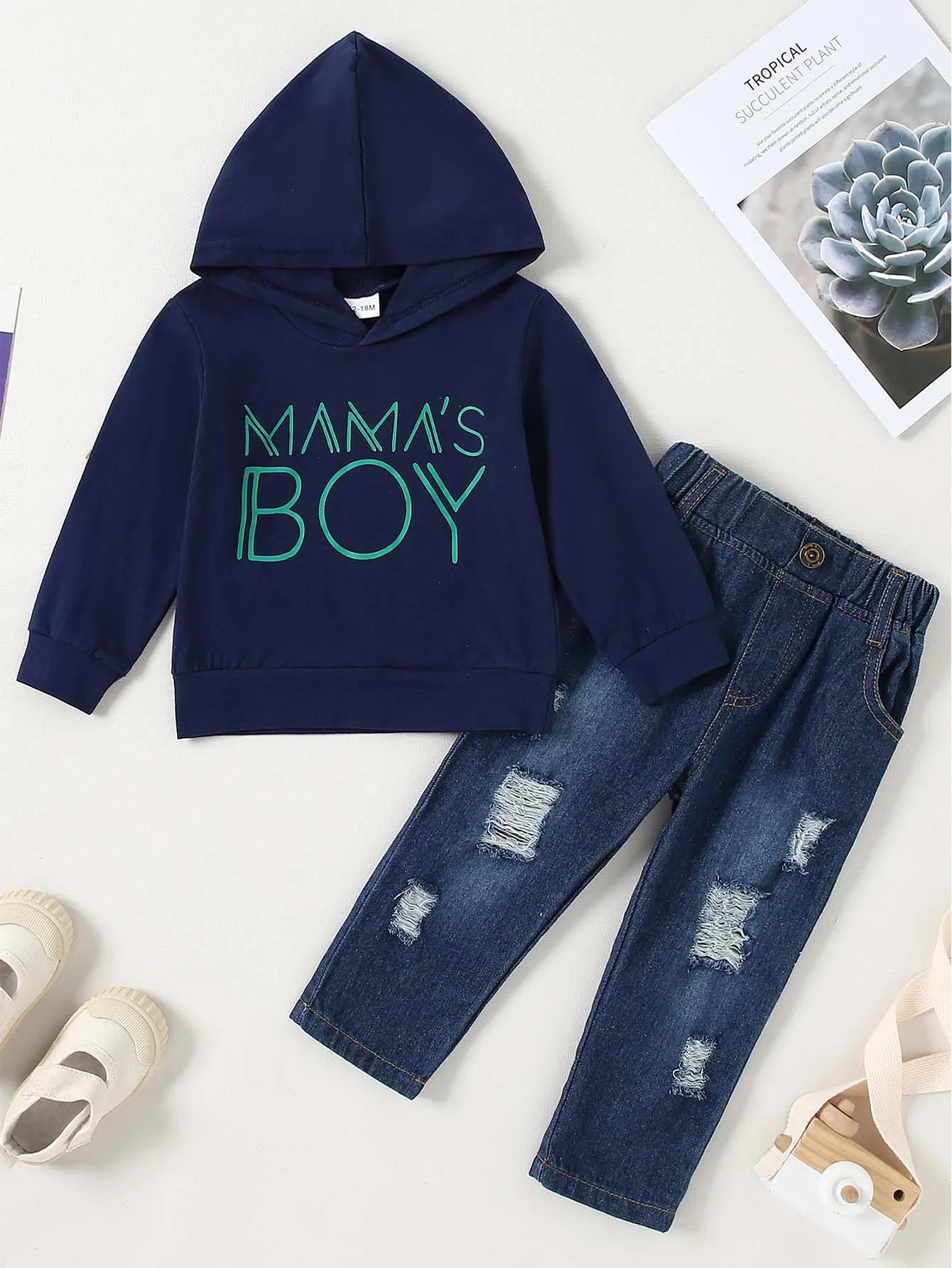 Baby Boy Clothes, Long Sleeve Printing Hoodie With Jeans Pants Outfits Set Little Boy Ripped Jeans, Hooded Sweatshirt