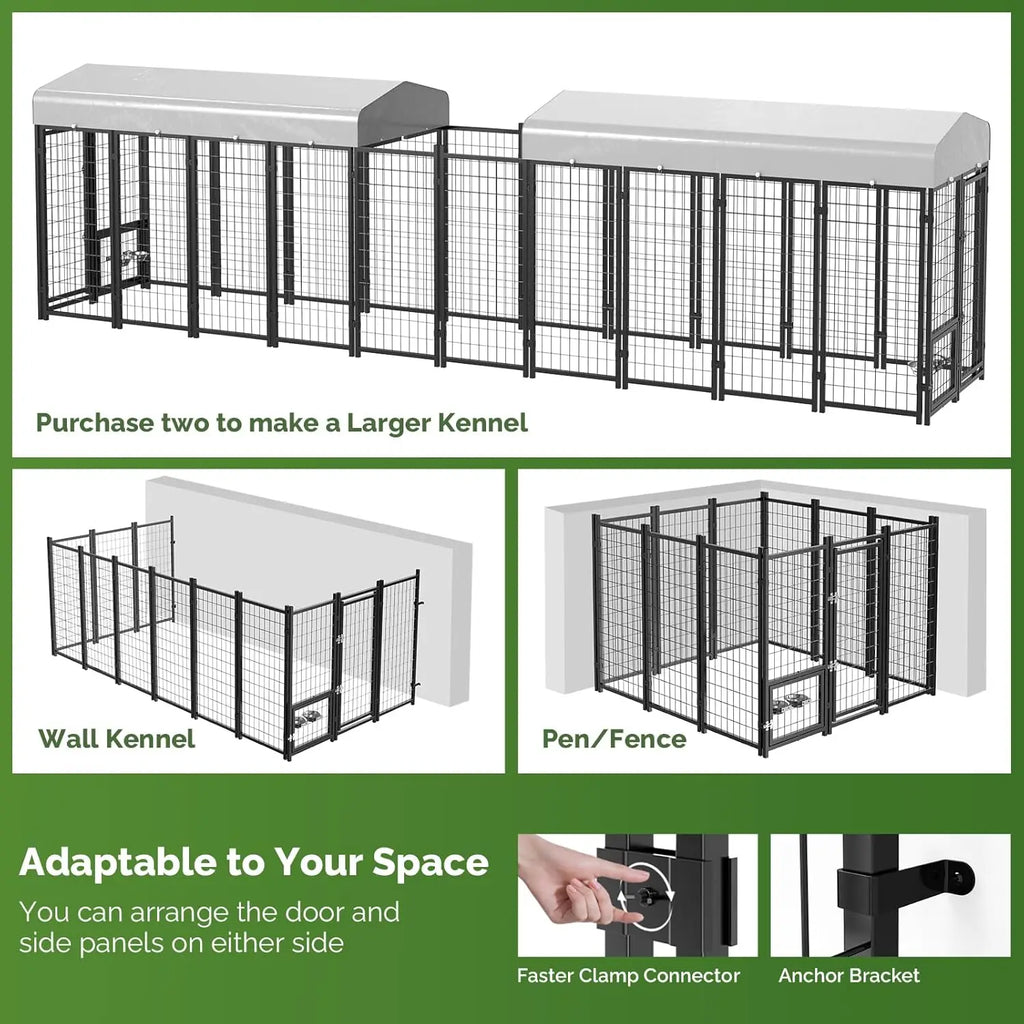 Outdoor Dog Kennel Outside Run with Doggy Door, Bowls&Roof - 8x4x6 Large Dog Kennels Pens Outside