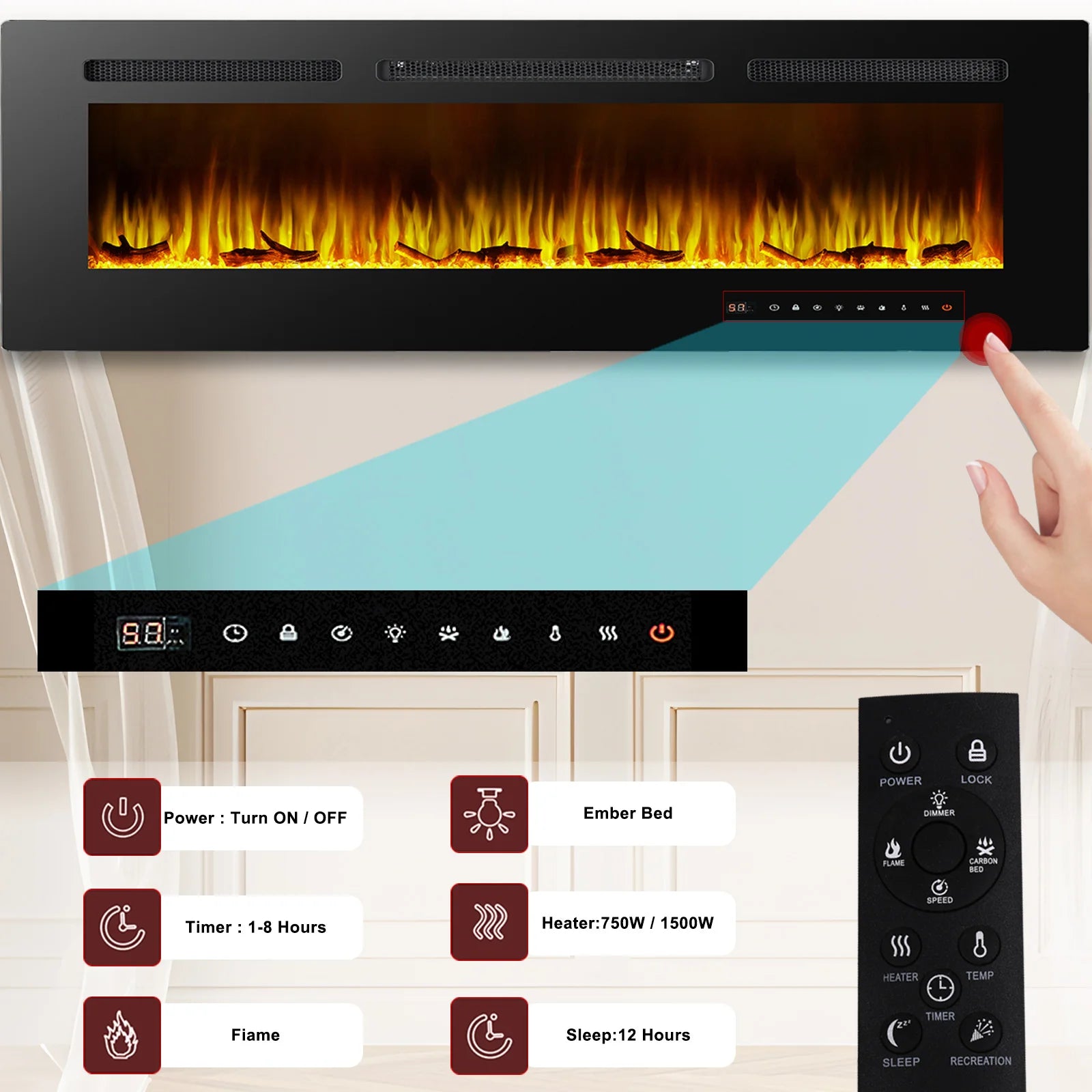 60 Inch Electric Fireplace Recessed and Wall Mounted ltra Thin Ad Low Noise Touch Screen 750-1500W 3D Flame Color Remote Control