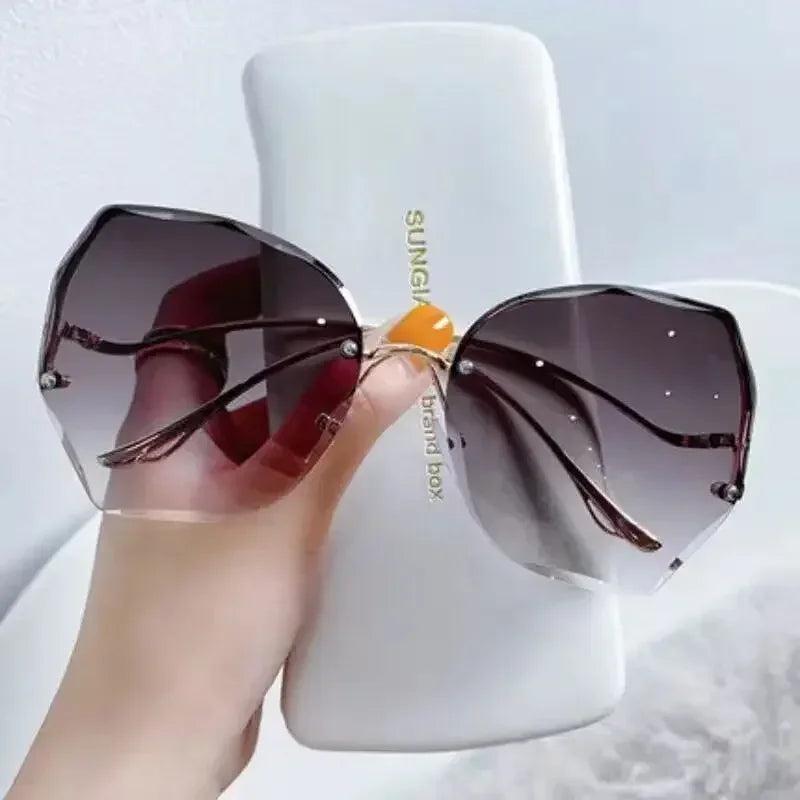 Irregular Round Sunglases Women Brand Designer Gradient Fashion Sun Glasses Female Rimless Metal Curved Temples Oculos De Sol