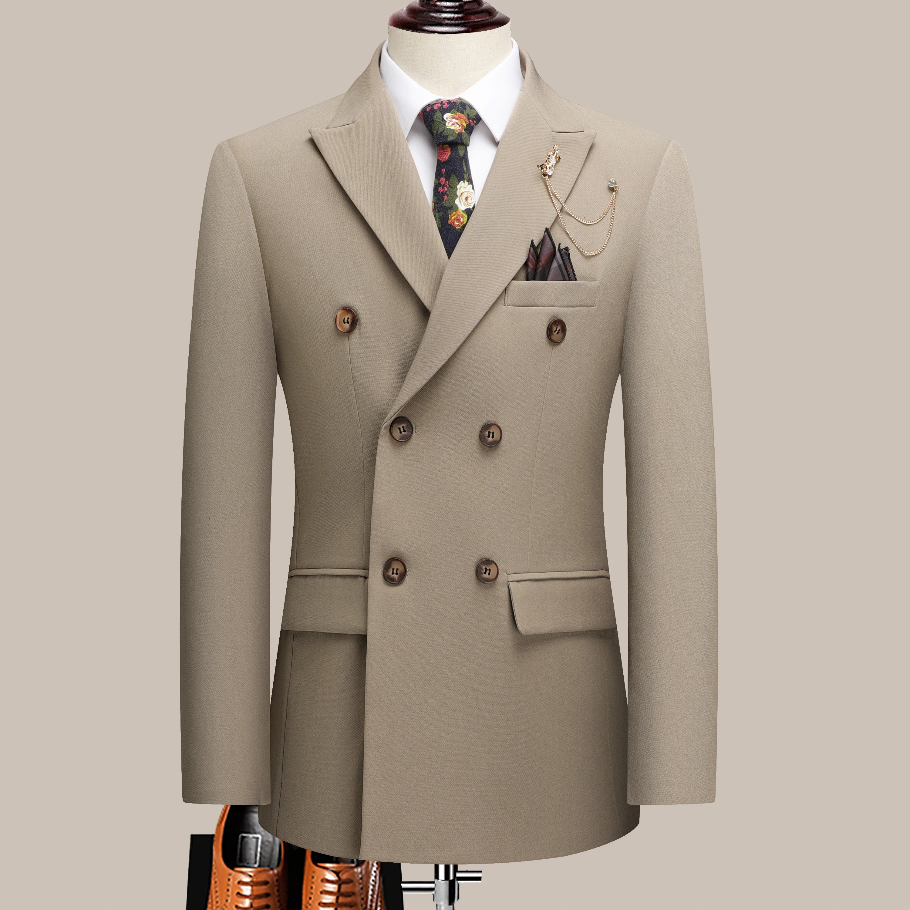 The latest men's solid color suit two-piece set with lapel collar and double breasted buttons for four seasons, men's business s