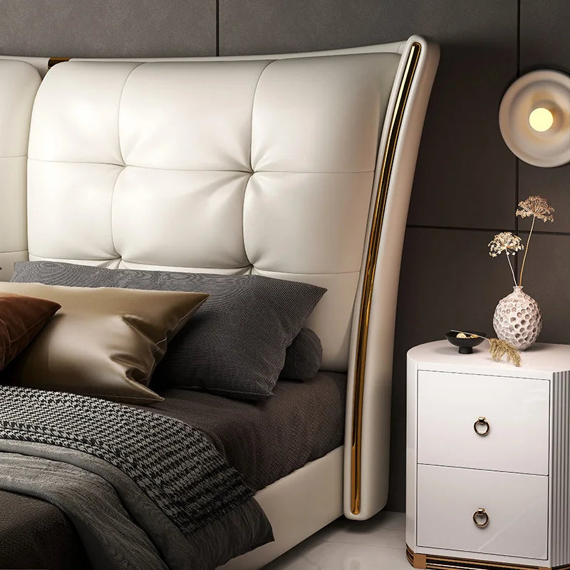 Light Luxury Leather King/Queen Bed Modern Soft Package Bed and Bedside Table for Bedroom Wedding Bed Solid Wood Bed Frame