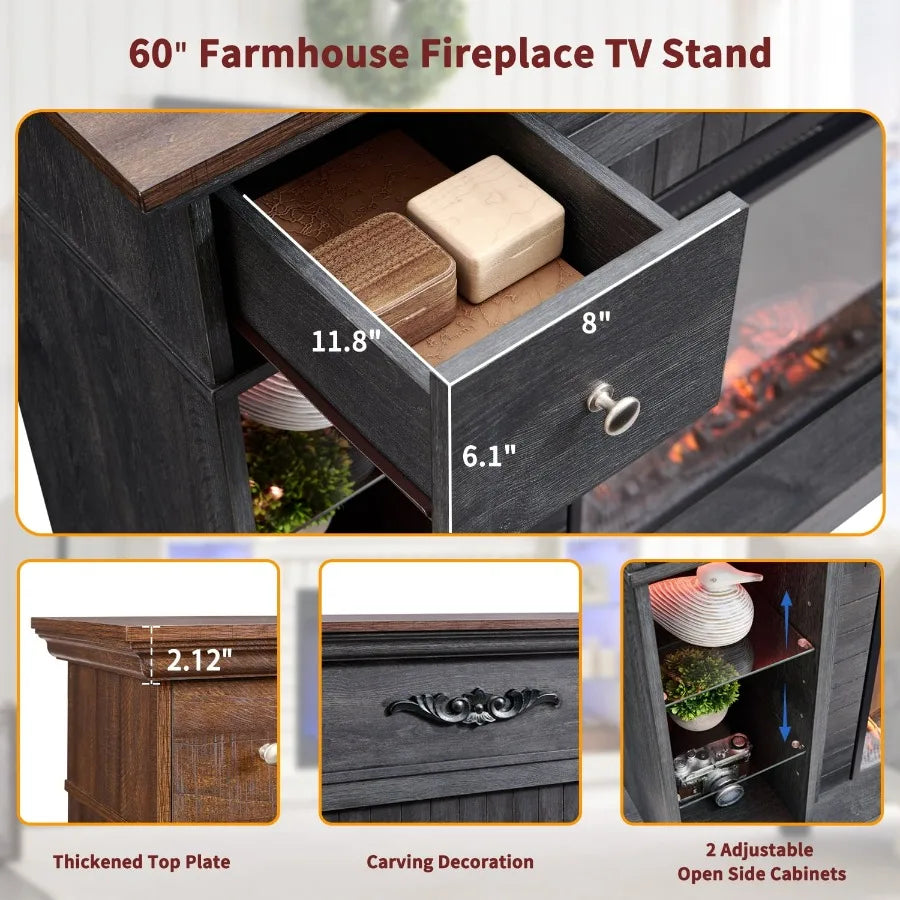 Electric Fireplace TV Stand Designed for 65 Inch TVs with Farmhouse Style LED Entertainment Center Featuring 7 Colors Changing