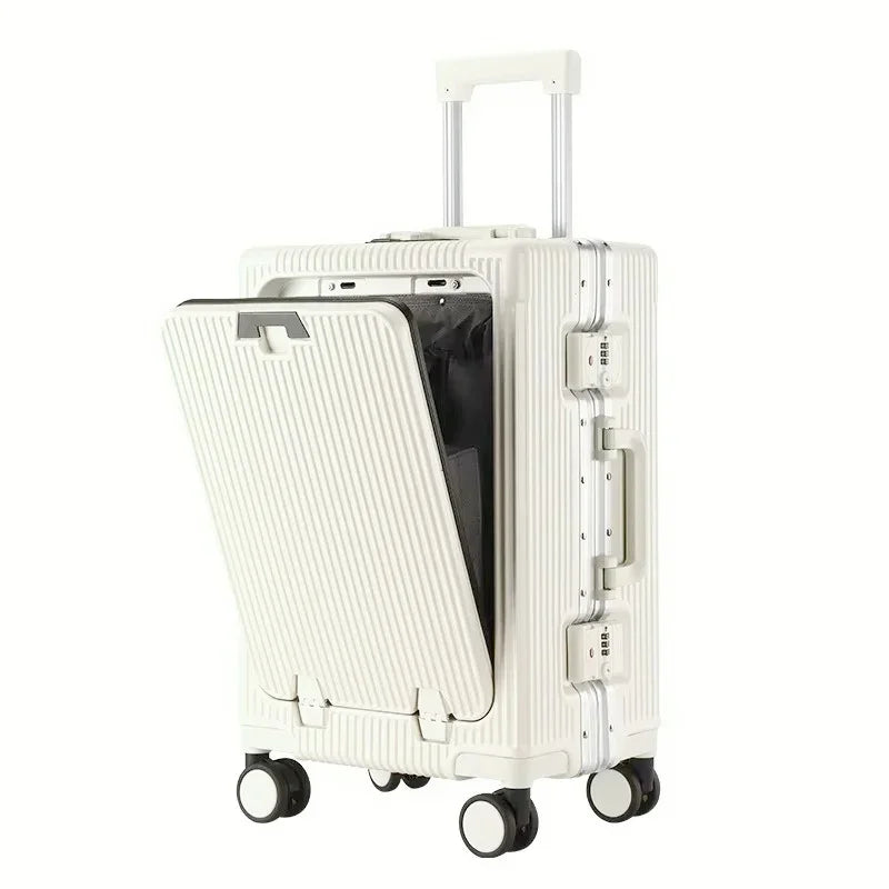 Aluminum Alloy Frame Suitcase Front Opening Pocket with USB Charging Plug Rolling Luggage Trolley Case Bag with Spinner Wheel