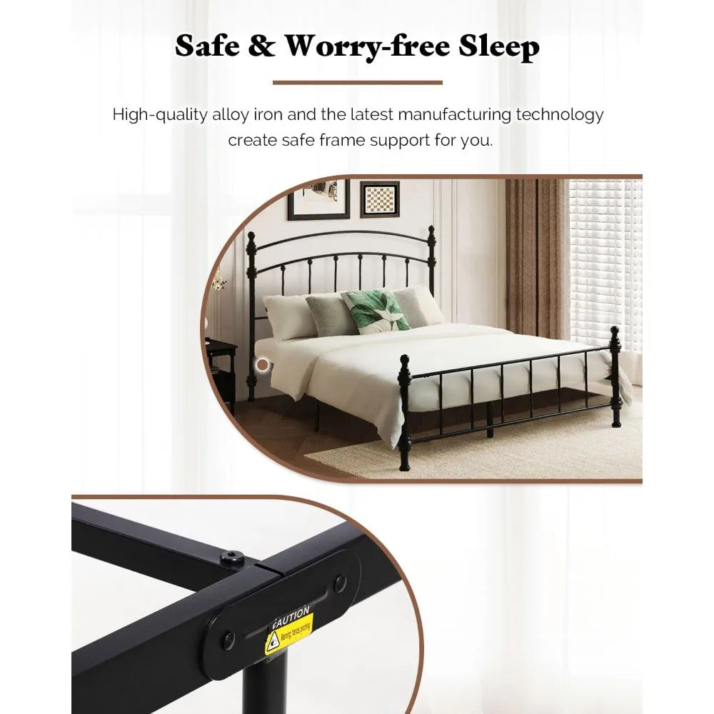 Queen Size Metal Bed Frame with Arched Headboard, Durable and Luxurious Roman Column Design, Easy Assembly