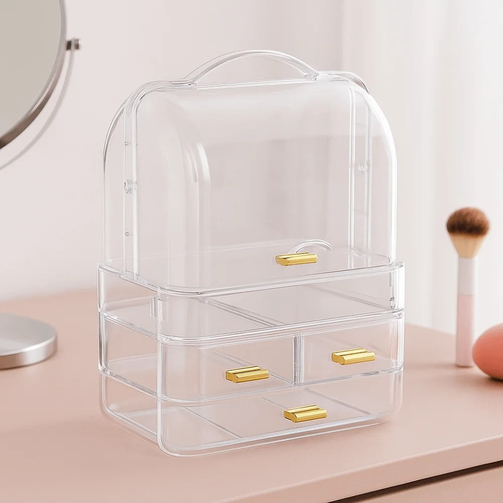 Drawer Style Cosmetics Storage Box with Lid and Handle Clear Skincare Display Cases Dustproof Multilayer Makeup Storage Rack