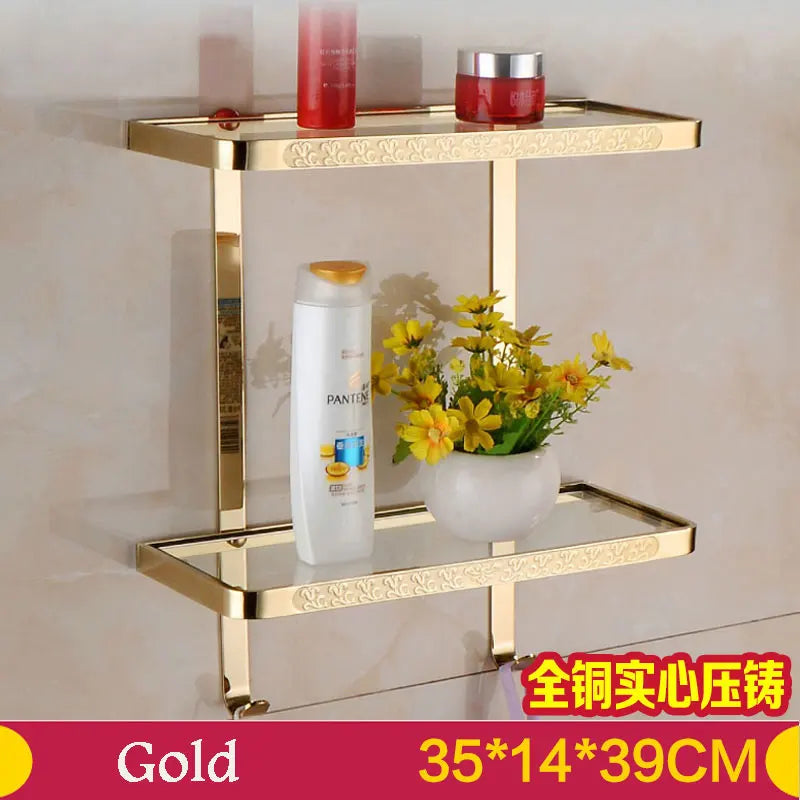 BAKALA Brass Bathroom Shelves With Robe Hook 2-Tier Bathroom Storage Basket Wall Mount Bathroom Shelf BR-6