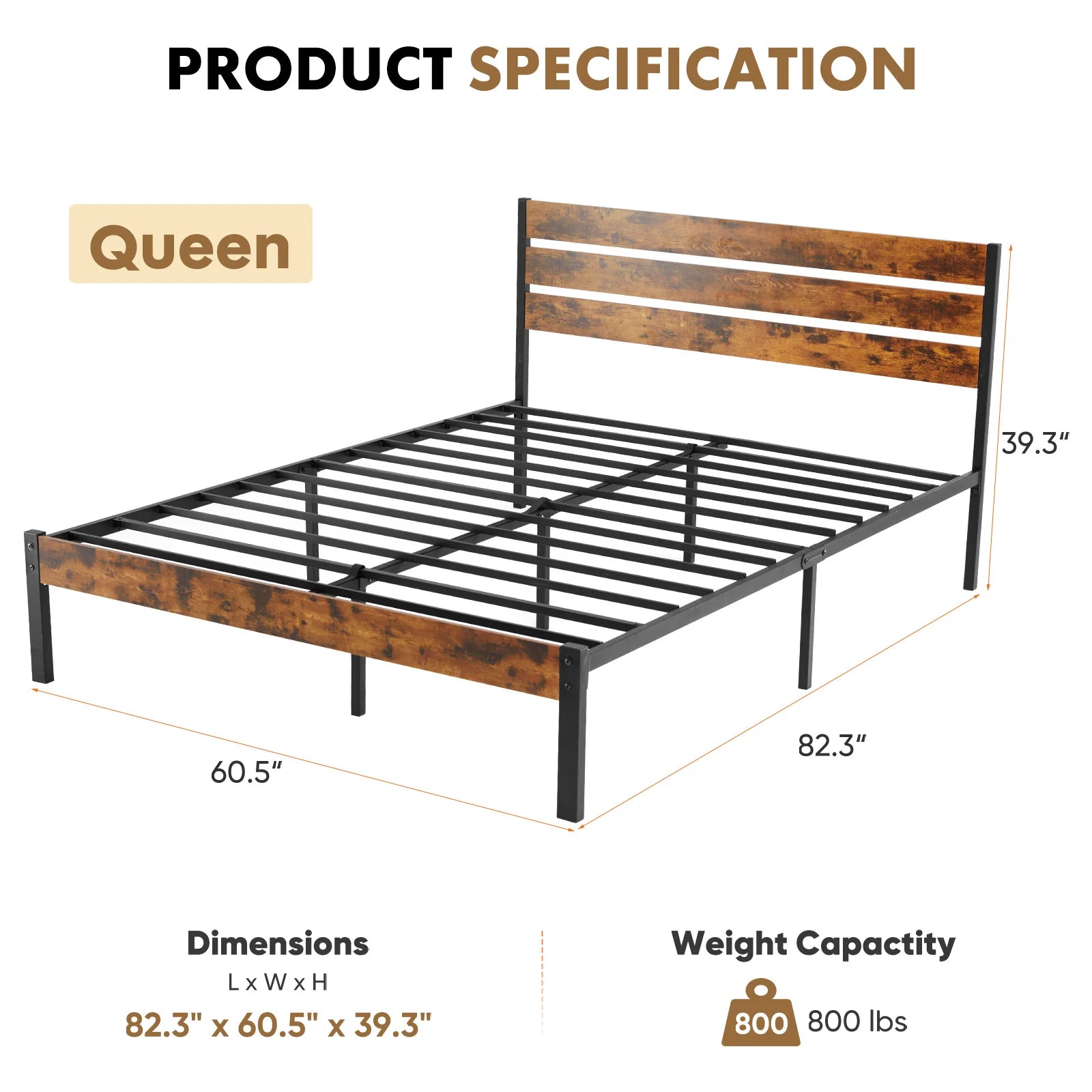 JHK Queen Size Metal Platform Bed Frame with Headboard and Footboard with 800LBS Sturdy Wooden Slats Support For Bed Room Home