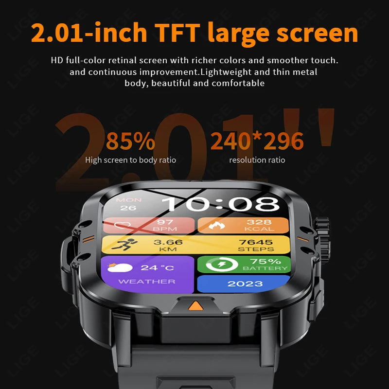 LIGE 2.01-inch HD Screen Men Smart Watch With Flashlight Outdoor Sports Men Watch IP68 Waterproof Health Monitor Call Smartwatch