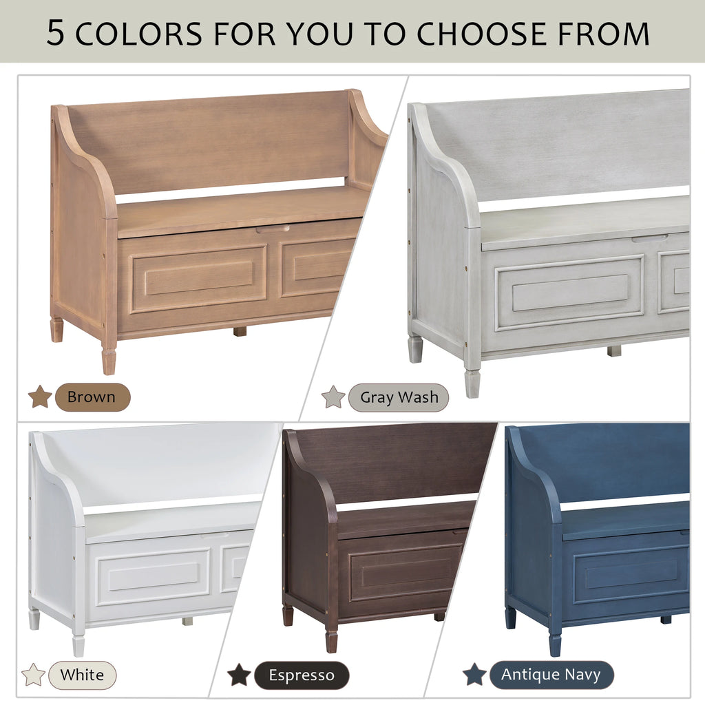 Rustic Style Solid Wood Entryway Storage Bench With Safety Hinge, Multi-functional Shoe Stool With Removable Upholstered Cushion