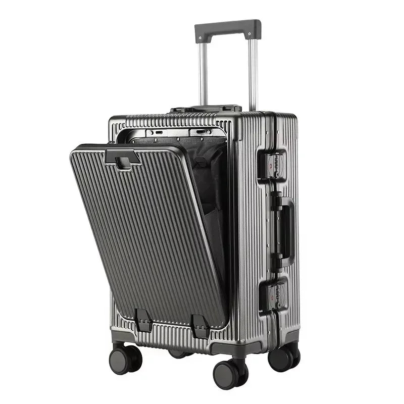 Aluminum Alloy Frame Suitcase Front Opening Pocket with USB Charging Plug Rolling Luggage Trolley Case Bag with Spinner Wheel