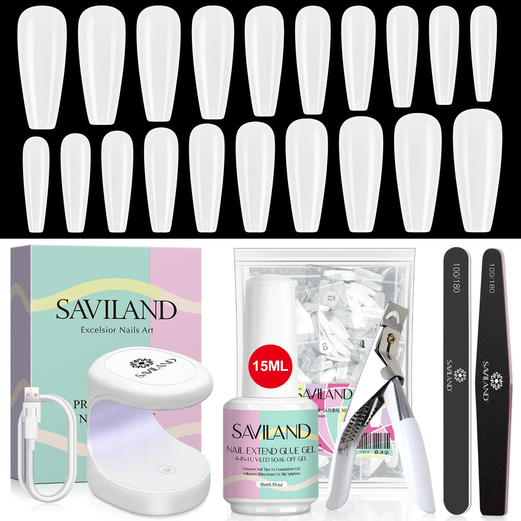 SAVILAND 500pcs Gel X Nail Kit For Extension Nail Tips Full Cover Press On Nails Sculpted Almond Coffin with UV LED Nail Lamp