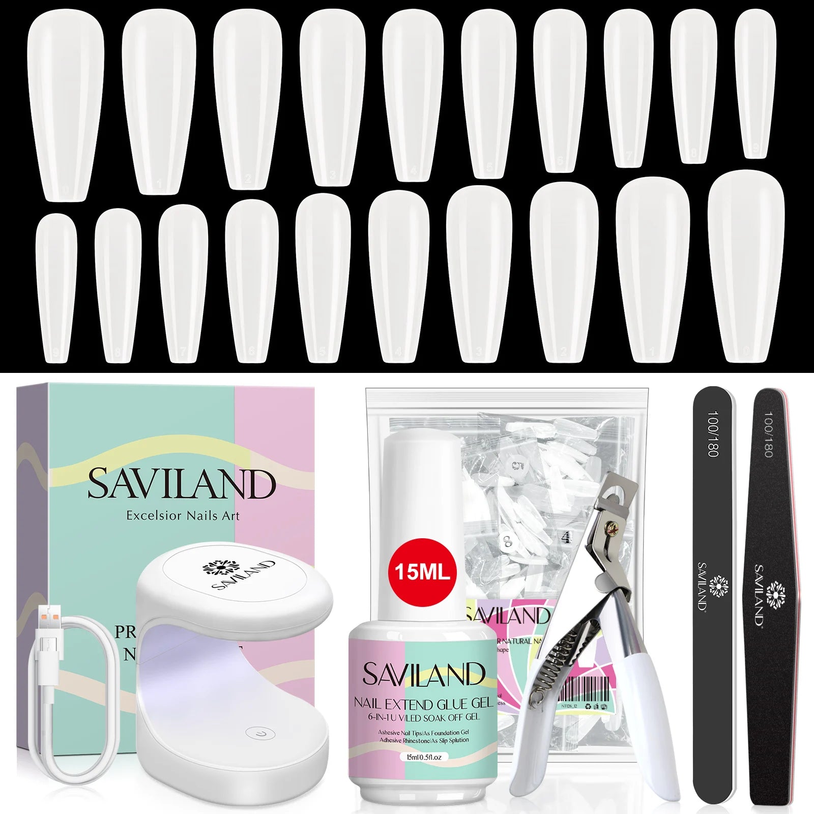 SAVILAND 500pcs Gel X Nail Kit For Extension Nail Tips Full Cover Press On Nails Sculpted Almond Coffin with UV LED Nail Lamp