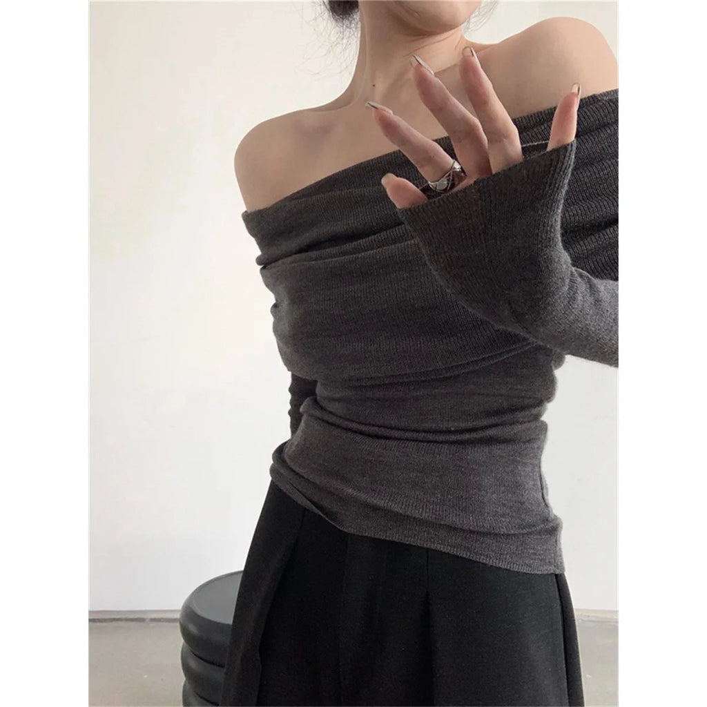 Slash Neck Sweater Women Tops Knitted Slim Basic All-match Sexy Elegant Off Shoulder Autumn Winter Long Sleeve Pullovers Female
