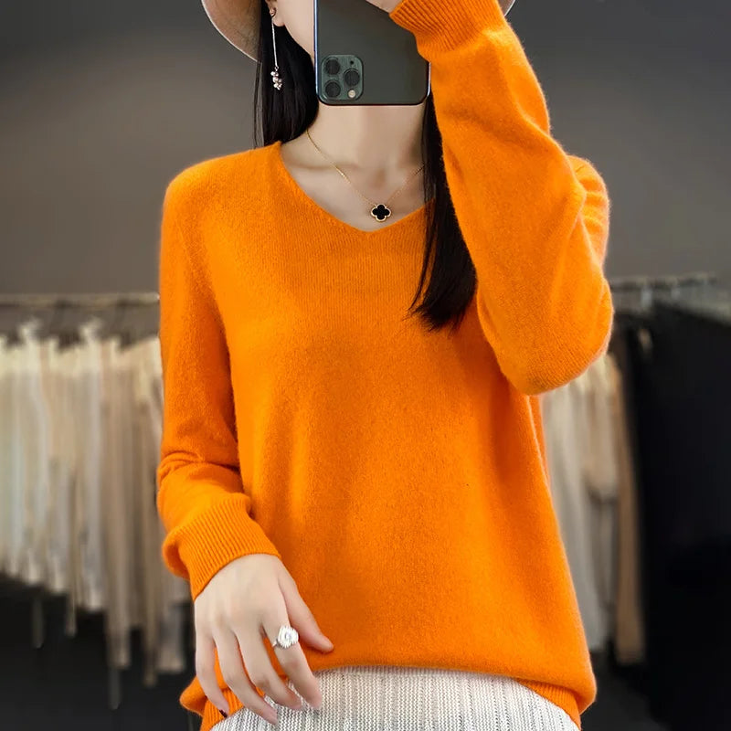 Sweater For Women 100% Merino Wool V Neck Sweater Fall Winter Basic Warm Pullovers Long Sleeve Soft Knit Jumpers Female Clothing