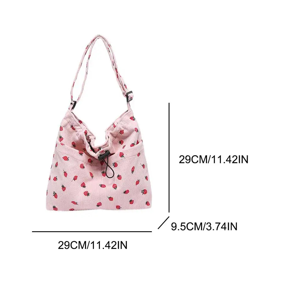 Women Corduroy Shoulder Bag Strawberry Handbag Adjustable Strap Multi-Pocket Work Shopping Bag
