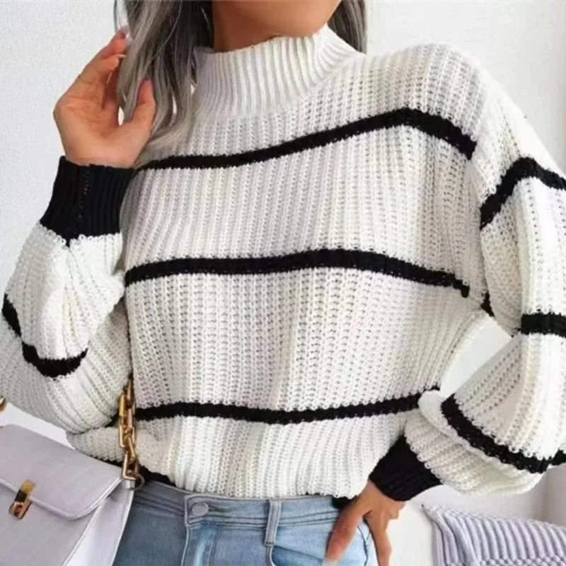 Autumn Winter Stripe Sweaters Pullovers Women New Solid Color Long Sleeved Jumpers Fashion High Neck Warm Pullover Knitwears Top