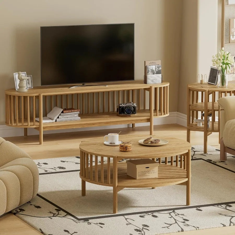 Round Coffee Table for Living Room Wood and Modern Coffee Table with Open Storage ture Oak