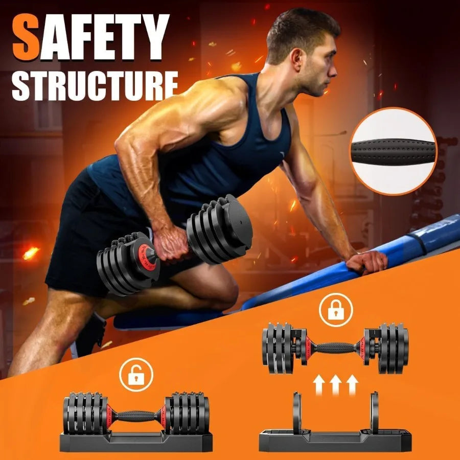 55 lbs Adjustable Dumbbell with Anti-Slip Turning Handle, Fast Adjust Weight for Men Women, Exercise Equipment with Tray for Ho