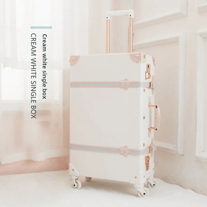 Vintage Style Luggage Carry On Trolley Suitcase With 360° Wheels For Women Men In Pink 20 22 24 26 Inch Cute Retro Travel Bag