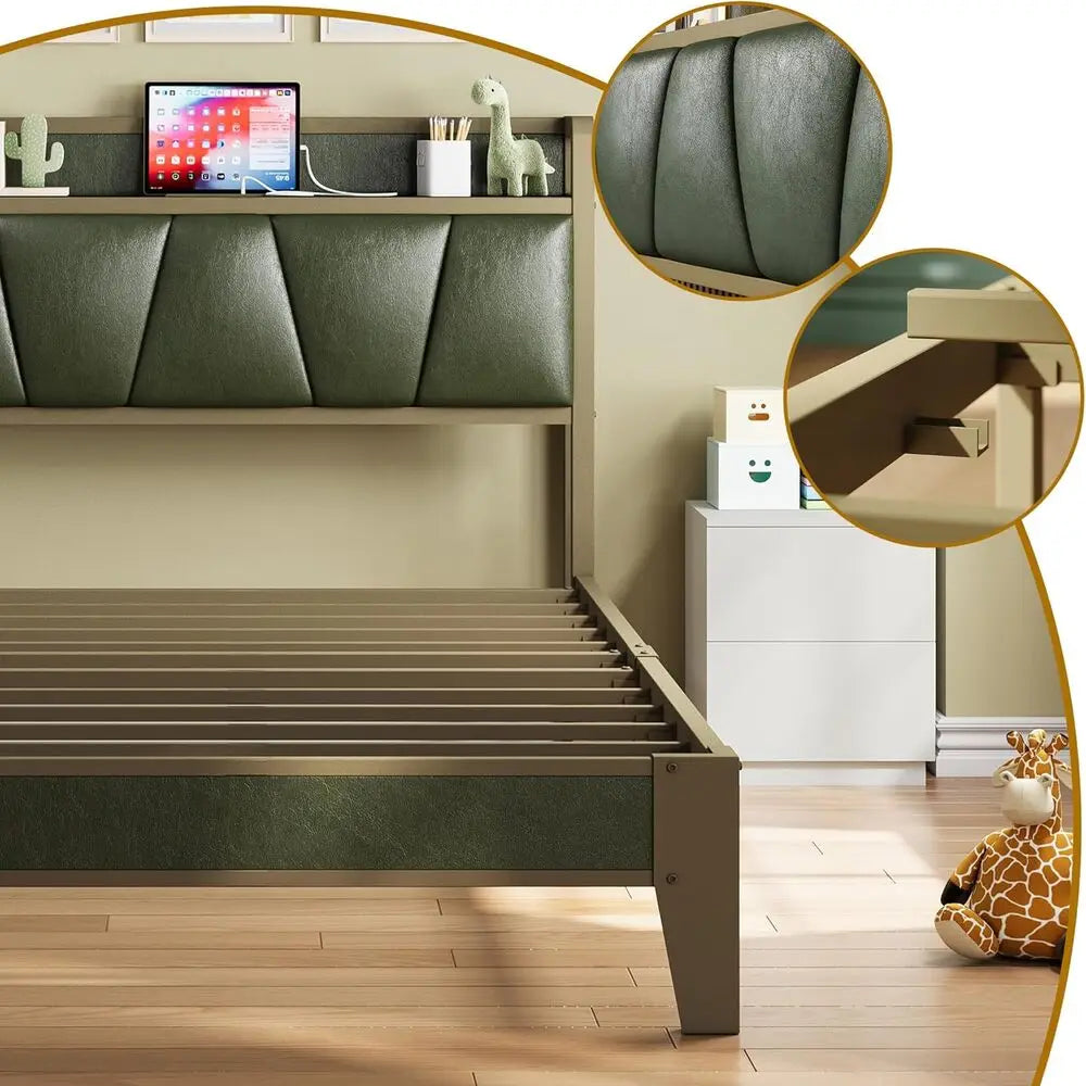 LIKIMIO XL Twin / Queen Bed Frame, Storage Headboard with Charging Station, Solid and Stable, No Box Spring Needed