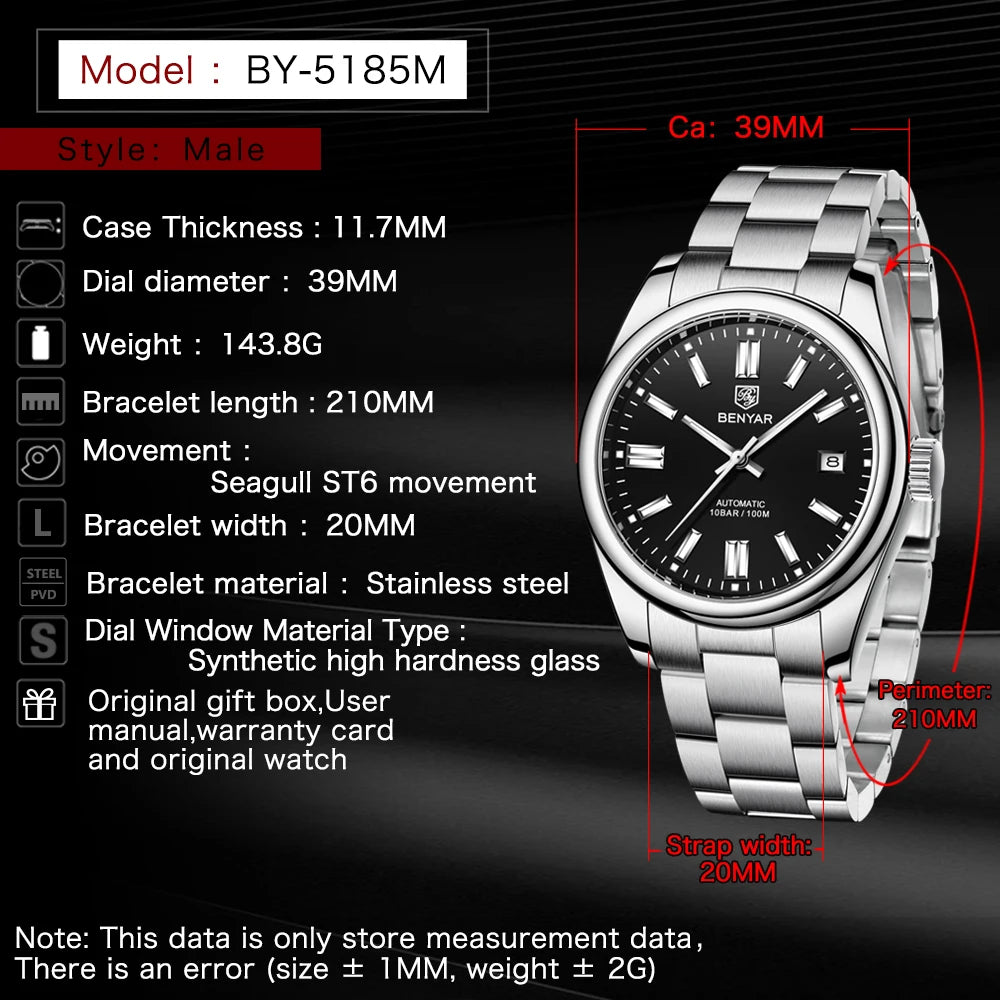 2025 New BENYAR Mens Watches Automatic Watch For Man Mechanical Wristwatch Top Luxury Watch Men Sapphire Mirror Waterproof Clock