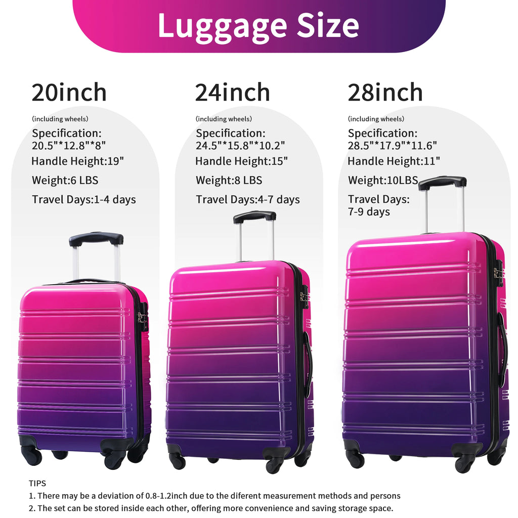 Hardshell Luggage Sets 3 Piece Gradient Color Expandable Suitcase with Spinner Wheels and TSA Lock Lightweight 20" 24" 28"