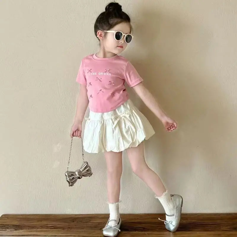 Baby Clothes Set Girls Bow Blouse Suit Children Sweet Top Bud Skirt 2 Pieces Summer New Fashion Short-Sleeved T-Shirt Outfit