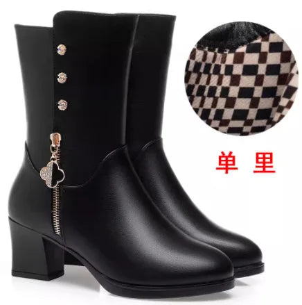 Winter Padded Cotton Shoes Women Plush Soft Leather Long Boot Warm High-heel Fur High Knee Riding Mid-heel Boots Comfortable