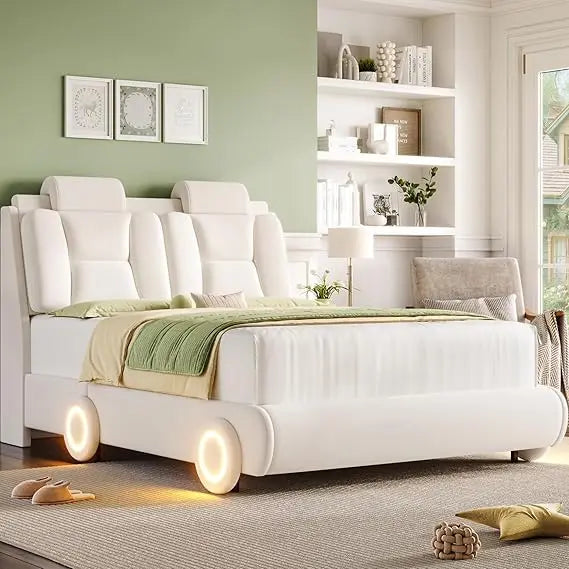 Queen Upholstered Led Bed Frame with Wheels Decor & Adjustable Curved Headboard Modern Car-Shaped Platform Bed with Detachable P
