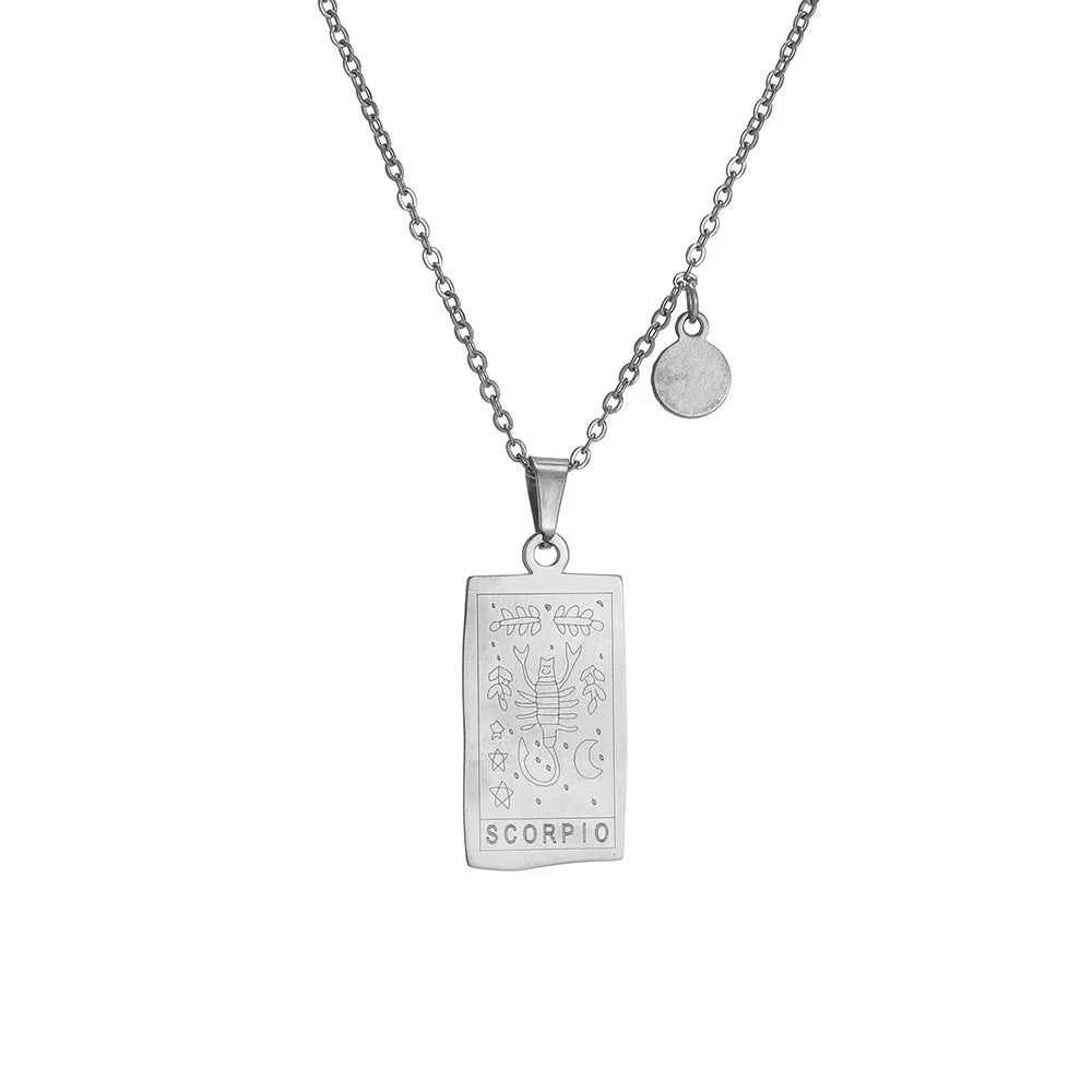 Stainless Steel Square Tarot Card Pendant Women Necklace Twelve Constellations Gold-Plated Clavicle Chain Horoscope Gifts