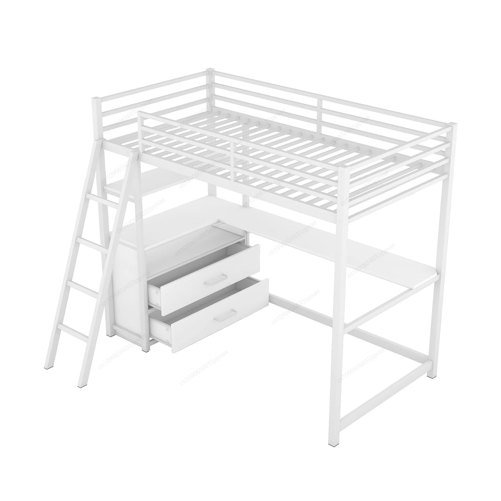 Twin Size Metal&Wood Loft Bed with Desk and Shelves, Two Built-in Drawers,  White ,Blak,Oak Natural Immediate delivery from US