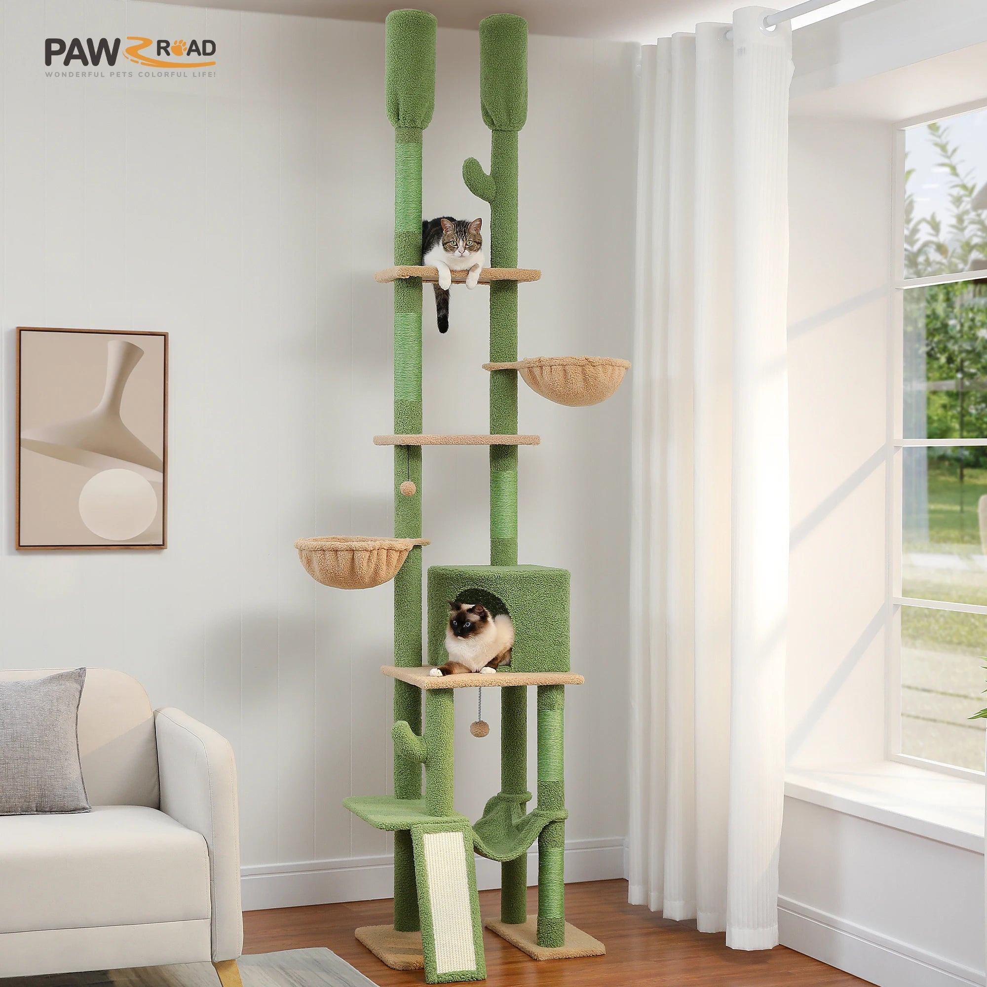 Tall Cat Tree with Adjustable Height Floor to Ceiling Cat Tower with Scratching Posts Soft Hammock Cat Condo for Indoor Cat Toys