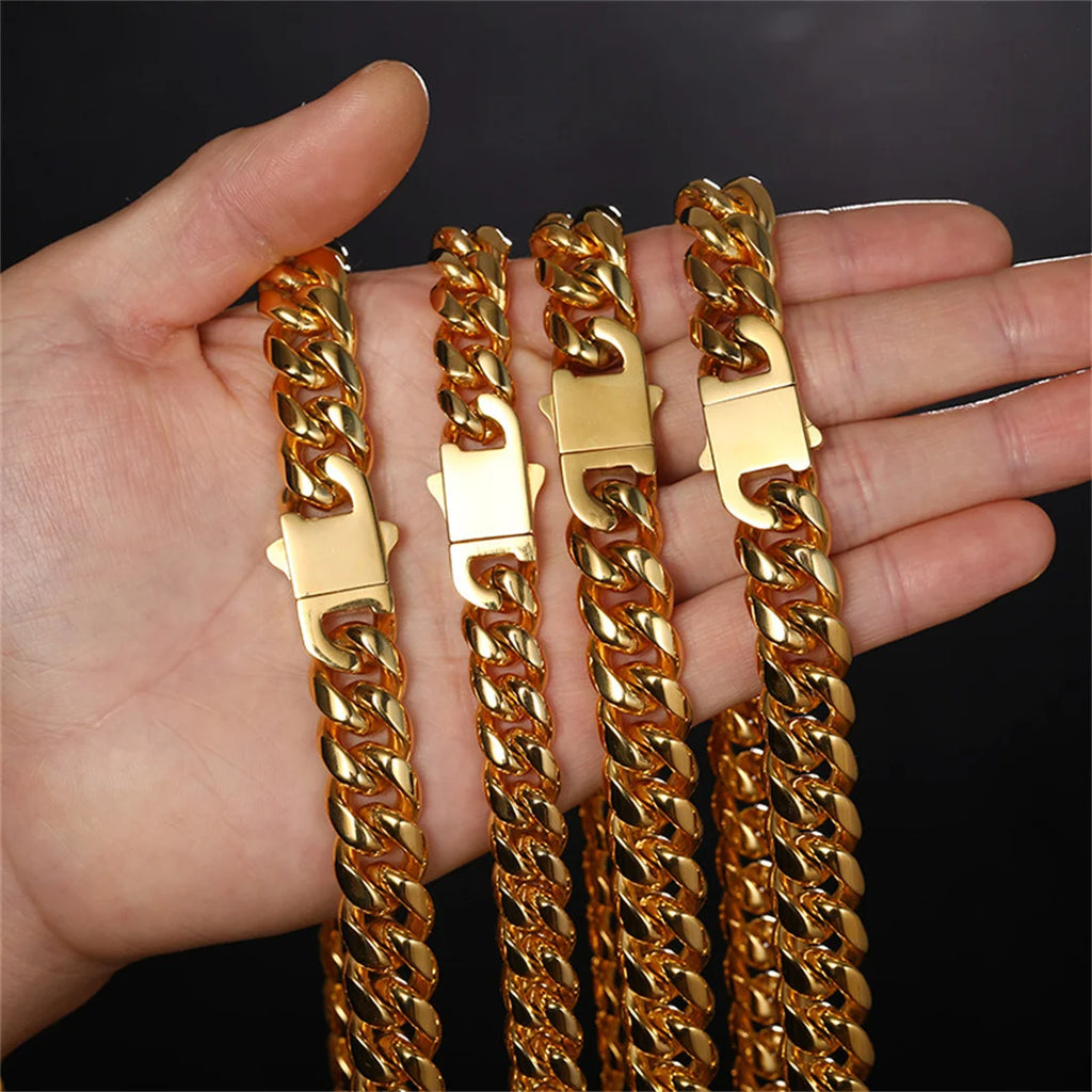 12/14mm Hip Hop Necklace 18K Gold Plated  316L Stainless Steel Cuban Link Chain Bracelet Jewelry For unisex Fashion Jewelry