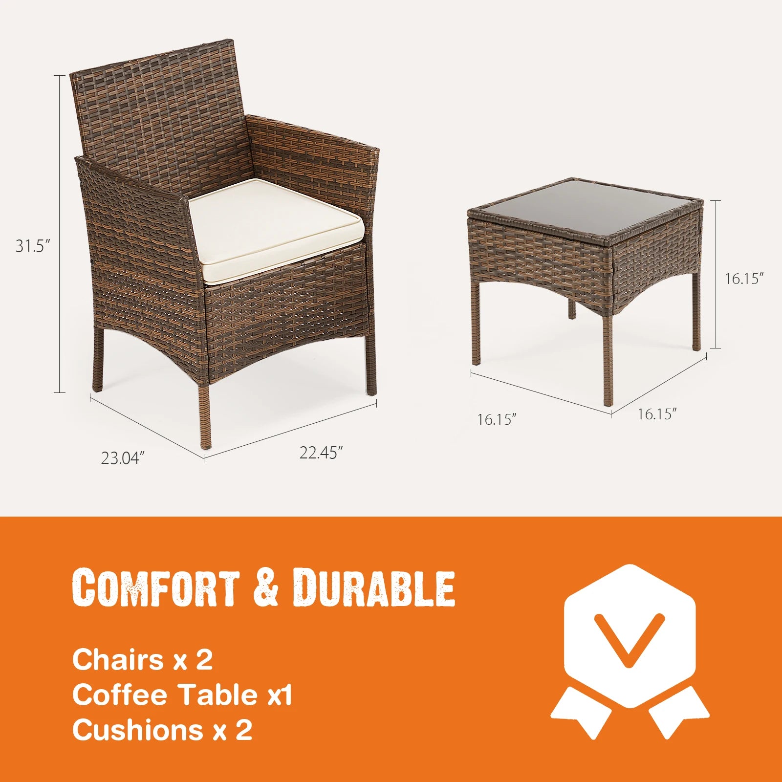 JHK Outdoor Patio Furniture Set 3 Pieces with Soft Cushion and Glass Table Manual Weaving Wicker Rattan Patio Chairs For Garden